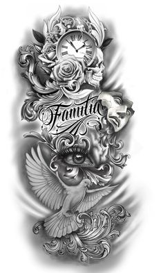 a black and white tattoo design with the word faunta on it