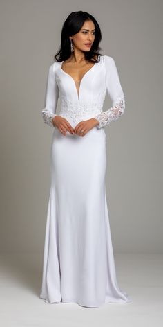 Camille La Vie Crepe Embroidered Long Sleeve Illusion Back Column Dress missy / 2 / ivory Reception Dresses For Bride, Special Event Dresses Parties, Royal Entrance, Petite Evening Dresses, Petite Prom Dress, Popular Bridesmaid Dresses, Wedding Reception Dresses, Renew Vows, Wedding Dress With Long Sleeves