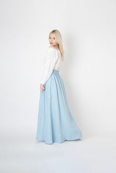 Blue Linen- Etsy Light Blue Lined Tiered Skirt, Long Pleated Skirt For Summer Daywear, Summer Long Pleated Skirt For Daywear, Long Skirt With Pockets For Daywear, Voluminous Maxi Skirt With Elastic Waistband, Voluminous Full Maxi Skirt With Elastic Waistband, Voluminous Long Lined Skirt, Daywear Flared Skirt With Pockets, Long Summer Skirt With Elastic Waistband