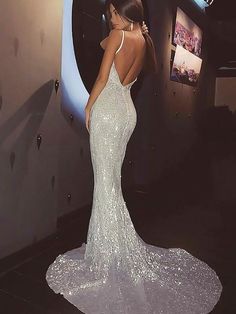 Sleeveless V-Neck Sweep/Brush Train With Ruffles Sequins Dresses - Prom Dresses White Prom Dress Long, Silver Prom Dress, 파티 드레스, Sequin Formal Dress, Sequin Prom Dress, Cute Prom Dresses, Pretty Prom Dresses, Prom Dresses Online, Prom Outfits