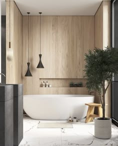 a bathroom with a bathtub, sink and plant on the counter next to it