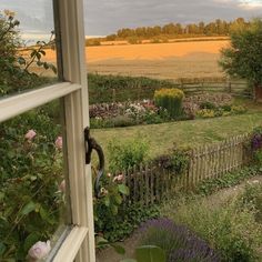 an open window looking out onto a field with flowers and trees in the foreground