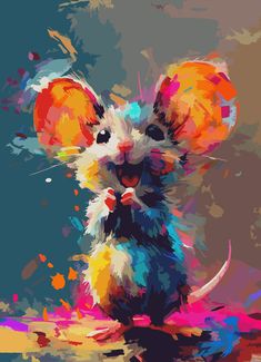 a painting of a mouse with colorful paint splatters on it's face