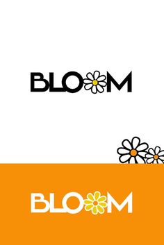 the logo for bloom is shown in black and white, with daisies on an orange background