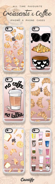 four iphone cases with food and drinks on them