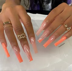 Long Acrylic Nails Coffin Summer Simple, Neon Orange Ombre Nails, Coral Nails Coffin, Coral Acrylics, Summer Long Nail Ideas, Coral Orange Nails, Peach Acrylic Nails, Orange Ombre Nails, Peach Nails