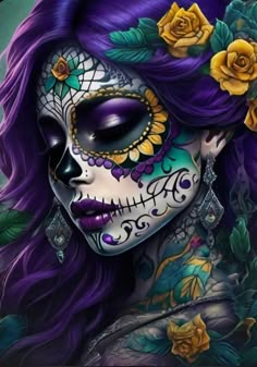 a painting of a woman with purple hair and day of the dead make - up