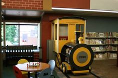 there is a small train in the library