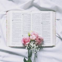 an open book with flowers on top of it sitting on a white bed sheet next to a bouquet of baby's breath