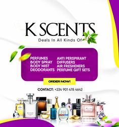 the advertisement for kscent's perfumes is shown in purple and yellow