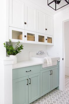 a kitchen with white cabinets and green cupboards on the counter top, along with a potted plant