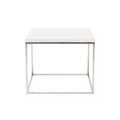 a white table with metal legs and a square top on a white background, viewed from the side