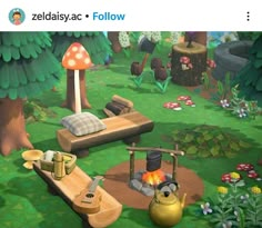 an image of a park setting with picnic tables and mushrooms in the background, including a fire pit