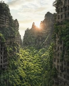 an aerial view of the mountains and trees in china, with sunlight shining through them