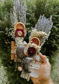 a person holding up some dried flowers and fruit