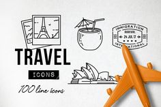 an orange airplane flying over a white wall with the words travel icons written below it