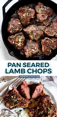 pan seared lamb chops in a cast iron skillet with text overlay