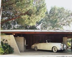 an old white car parked in front of a covered garage with trees and bushes behind it