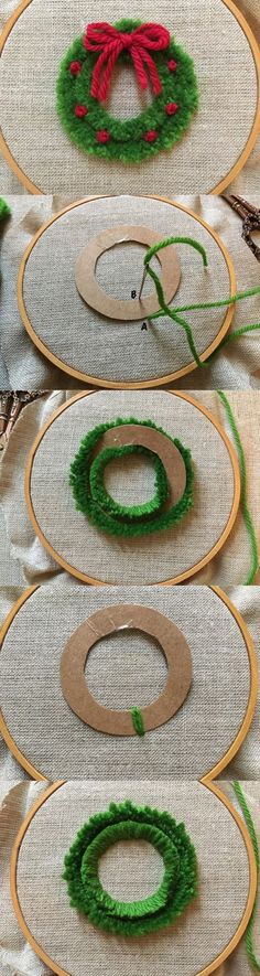 three pictures show how to make christmas wreaths with yarn and wood strips on the table