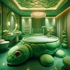 a green bathroom with a turtle shaped bathtub