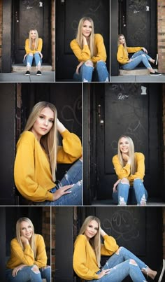 a woman sitting on the ground in jeans and a yellow sweater posing for a photo