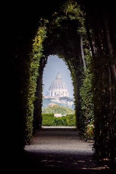 an arch in the middle of some trees with a domed building in the back ground