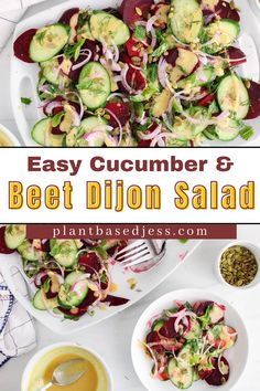 View on a platter with a beet cucumber salad. Cucumber Beet Salad, Vegan Picnic Food, Healthy Dressings, Vegan Picnic, Foodie Lover, Sweet Savory Recipes, Vegan Feta Cheese, Grain Bowls, Simple Dressing