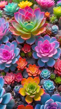 colorful succulents are growing on the ground