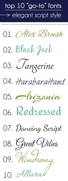 the top ten font styles for each type of calligraphy, which are also in different colors