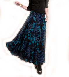 The skirt is of pretty peacock blue color, with floral pattern. The fabric consist of 90% nylon velvet and 10% lycra cotton. The skirt has big flare, maxi length. You can match it with boots, very fashionable, and warm enough for winter.  Skirt length can be customized from 80cm to 105cm. Please let me know your waist size, your height or preferred length in the order. Maxi Rock, Blue Maxi Skirt, Leopard Print Coat, Winter Skirt, Print Coat, Blue Maxi, Peacock Blue, Brown Floral, Flare Skirt