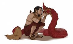 a woman kneeling down next to a red dragon