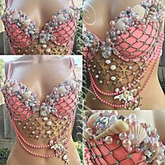 several pictures of a bra with pearls and seashells on it