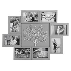 a family tree with many pictures hanging on it's sides, all in grey and white