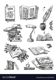 books and other items drawn by hand on a white background