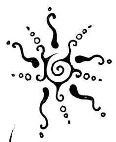 an artistic black and white drawing of a sun with swirls on it's face