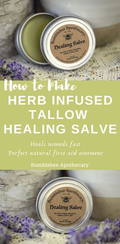 A wonderful natural first aid ointment. Learn how to make herb infused tallow healing salve. #bathandbody #natural #remedies Tallow Recipe, Healing Salve, Salve Recipes, Herbal Salves, Healing Salves, Herbal Healing, Diy Beauty Recipes, Natural Health Remedies, Be Natural