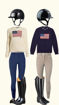 two horses wearing riding boots and sweaters with american flag on the back, one horse's head