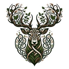 the head of a deer with an intricate pattern on it's antlers and leaves