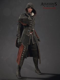 a woman dressed in medieval clothing with a hood and boots, standing on a dark background