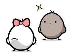 an egg and a chicken are standing next to each other, one is wearing a pink bow