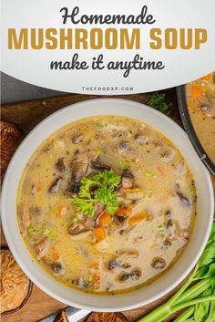 homemade mushroom soup in a white bowl with carrots and celery on the side