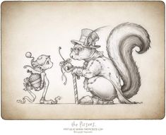 an ink drawing of a squirrel with a cane and another squirrel standing next to him