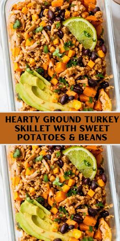 two pictures showing different types of food in plastic containers with the words hearty ground turkey skillet with sweet potatoes and beans