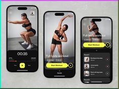 three cell phones showing the same workout program on their screens, one with an image of a woman doing squat exercises