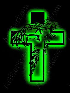 a green cross with jesus's head on it in the middle of a black background