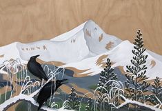 a black bird sitting on top of a snow covered ground next to trees and mountains