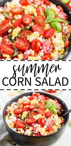 two pictures of corn salad with tomatoes and basil on top, in a cast iron skillet