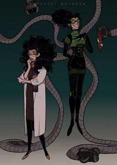 two women standing next to each other with snakes on their backs and one holding a phone