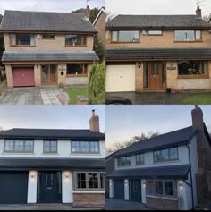 before and after photos of a house with new windows, roofing and garage doors