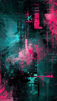 an abstract painting with pink and blue colors on black background, which is very colorful